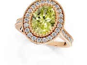 Halo Engagement Ring Setting for Fancy Yellow Oval Center with Milgrain Frame, Pave Band and Prong Head in Rose Gold