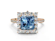 Halo Engagement Ring Setting for Fancy Blue Princess Cut Center with Single-Row Pave, Open Basket and Prong Head in Rose Gold