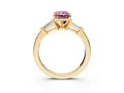 3 Stone Engagement Ring Setting for Fancy Pink Radiant Cut Center with Channel Baguette Accents and Prong Head in Yellow Gold