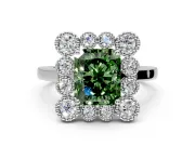 Cluster Halo Engagement Ring Setting for Fancy Green Radiant Cut Center with Milgrain Bezel Accents and Prong Head in Platinum