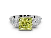 3 Stone Engagement Ring Setting for Fancy Yellow Princess Cut Center with Crossover Basket, Pave Band and Prong Head in White Gold