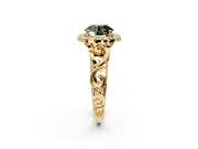 Halo Engagement Ring Setting for Fancy Green Round Cut Center with Open Scroll Shoulders and Prong Head in Yellow Gold