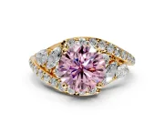 Halo Engagement Ring Setting for Fancy Pink Round Cut Center with Marquise and Pave Bypass Band and Prong Head in Yellow Gold