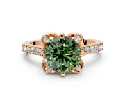 Floral Engagement Ring Setting for Fancy Green Round Cut Center with Pave Band and Floral Prong Head in Rose Gold