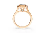 Halo Engagement Ring Setting for Cushion Cut Center with Milgrain Frame, Pave Band and Prong Head in Rose Gold