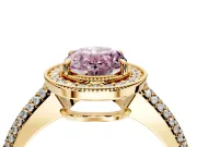 Milgrain Halo Engagement Ring Setting for Fancy Pink Oval Center with Three-Sided Pave Band and Prong Head in Yellow Gold