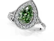 Halo Engagement Ring Setting for Fancy Green Pear-Shaped Center with Milgrain Rim, Pave Band and Prong Head in White Gold