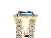 Halo Engagement Ring Setting for Fancy Blue Asscher Cut Center with Wide-Open Pave Split Shank and Prong Head in Yellow Gold