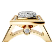 Halo Engagement Ring Setting for Princess Cut Center with Outer Bezel Rim, Pave Band and Prong Head in Yellow Gold