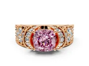 Pave Engagement Ring Setting for Fancy Pink Cushion Cut Center with Curved Accent Rows, Openwork and Prong Head in Rose Gold
