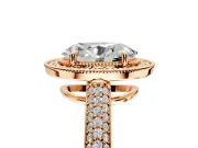 Milgrain Halo Engagement Ring Setting for Oval Center with Three-Sided Pave Band and Prong Head in Rose Gold