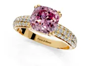 Solitaire Engagement Ring Setting for Fancy Pink Cushion Cut Center with Multi-Row Pave Accents and Basket Head in Yellow Gold