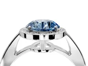 Bezel-Framed Halo Engagement Ring Setting for Fancy Blue Round Cut Center with Pave Band and Prong Head in Platinum