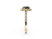 Halo Engagement Ring Setting for Fancy Green Round Cut Center with Narrowing Pave Band and Prong Head in Yellow Gold