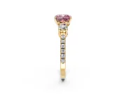 3 Stone Engagement Ring Setting for Fancy Pink Cushion Cut Center with Round Cut Side Accents and Prong Head in Yellow Gold