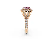 Double Halo Engagement Ring Setting for Fancy Pink Round Cut Center with Narrow Pave Split Shank and Prong Head in Rose Gold