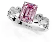 Leaf Engagement Ring Setting for Fancy Pink Emerald Cut Center with Milgrain Accent Band and Prong Head in Platinum