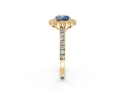 Milgrain Floral Halo Engagement Ring Setting for Fancy Blue Cushion Cut Center with Pave Band and Prong Head in Yellow Gold