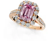 Floral Halo Engagement Ring Setting for Fancy Pink Emerald Cut Center with Large Halo Accents and Prong Head in Rose Gold