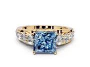 Solitaire Engagement Ring Setting for Fancy Blue Princess Cut Center with Graduated Shared Prongs and Prong Head in Yellow Gold