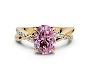 Solitaire Engagement Ring Setting for Fancy Pink Oval Center with Half-Pave Crossover Band and Prong Head in Yellow Gold