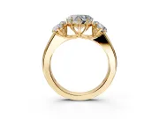 3 Stone Engagement Ring Setting for Heart-Shaped Center with Raised Basket Heads and Prong Head in Yellow Gold