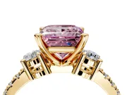 3 Stone Engagement Ring Setting for Fancy Pink Princess Cut Center with Round Cut Side Accents and Prong Head in Yellow Gold