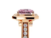 Halo Engagement Ring Setting for Fancy Pink Emerald Cut Center with Outer Bezel Rim, Pave Band and Prong Head in Rose Gold