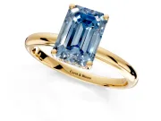 Hidden Halo Engagement Ring Setting for Fancy Blue Emerald Cut Center with Thin Round-Wire Band and Prong Head in Yellow Gold