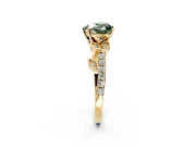 Leaf Motif Engagement Ring Setting for Fancy Green Heart-Shaped Center with Pave Band and Prong Head in Yellow Gold