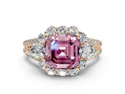 Halo Engagement Ring Setting for Fancy Pink Asscher Cut Center with Two-Strand Split Shank and Prong Head in Rose Gold