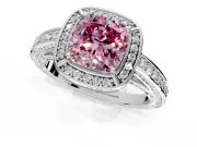 Halo Engagement Ring Setting for Fancy Pink Cushion Cut Center with Framed Halo, Pave Band and Prong Head in Platinum