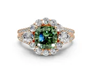 Halo Engagement Ring Setting for Fancy Green Cushion Cut Center with Two-Strand Split Shank and Prong Head in Rose Gold