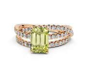 Solitaire Engagement Ring Setting for Fancy Yellow Emerald Cut Center with Woven 3-Strand Pave Band and Prong Head in Rose Gold