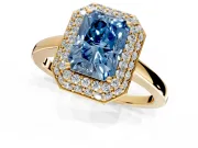 Halo Engagement Ring Setting for Fancy Blue Radiant Cut Center with Plain Tapered Band and Prong Head in Yellow Gold