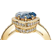 Halo Engagement Ring Setting for Fancy Blue Heart-Shaped Center with Metal-Rimmed Halo, Pave Band and Prong Head in Yellow Gold
