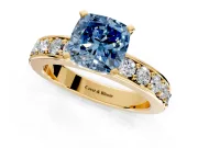 Solitaire Engagement Ring Setting for Fancy Blue Cushion Cut Center with Channel-Set Accents and Prong Head in Yellow Gold