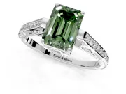 Cathedral Engagement Ring Setting for Fancy Green Emerald Cut Center with Antique-Style Pave Band and Prong Head in White Gold