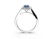 Halo Engagement Ring Setting for Fancy Blue Emerald Cut Center with Narrowing Pave Band and Prong Head in Platinum
