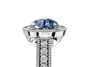 Milgrain Halo Engagement Ring Setting for Fancy Blue Round Cut Center with Pave Band and Prong Head in White Gold