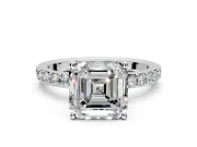 Solitaire Engagement Ring Setting for Asscher Cut Center with Round Cut Pave Band and Prong Head in Sterling Silver