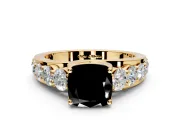 Solitaire Engagement Ring Setting for Fancy Black Cushion Cut Center with Graduated Shared Prongs and Prong Head in Yellow Gold