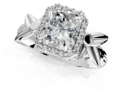 Halo Engagement Ring Setting for Radiant Cut Center with Floral Band and Prong Head in White Gold
