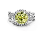Halo Engagement Ring Setting for Fancy Yellow Round Cut Center with Leaf Motif Split Shank and Prong Head in Platinum