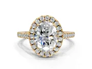 Halo Engagement Ring Setting for Oval Center with Raised Halo, Pave Band and Prong Head in Yellow Gold