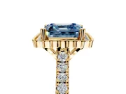 Milgrain Floral Halo Engagement Ring Setting for Fancy Blue Asscher Cut Center with Pave Band and Prong Head in Yellow Gold
