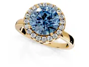 Halo Engagement Ring Setting for Fancy Blue Round Cut Center with Thin Plain Band and Prong Head in Yellow Gold