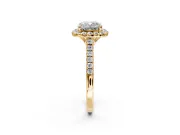 Halo Engagement Ring Setting for Cushion Cut Center with Raised Halo, Pave Band and Prong Head in Yellow Gold