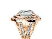 Double Halo Engagement Ring Setting for Asscher Cut Center with Narrow Pave Split Shank and Prong Head in Rose Gold