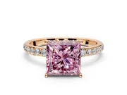 Hidden Halo Engagement Ring Setting for Fancy Pink Princess Cut Center with Pave Band and Prong Head in Rose Gold